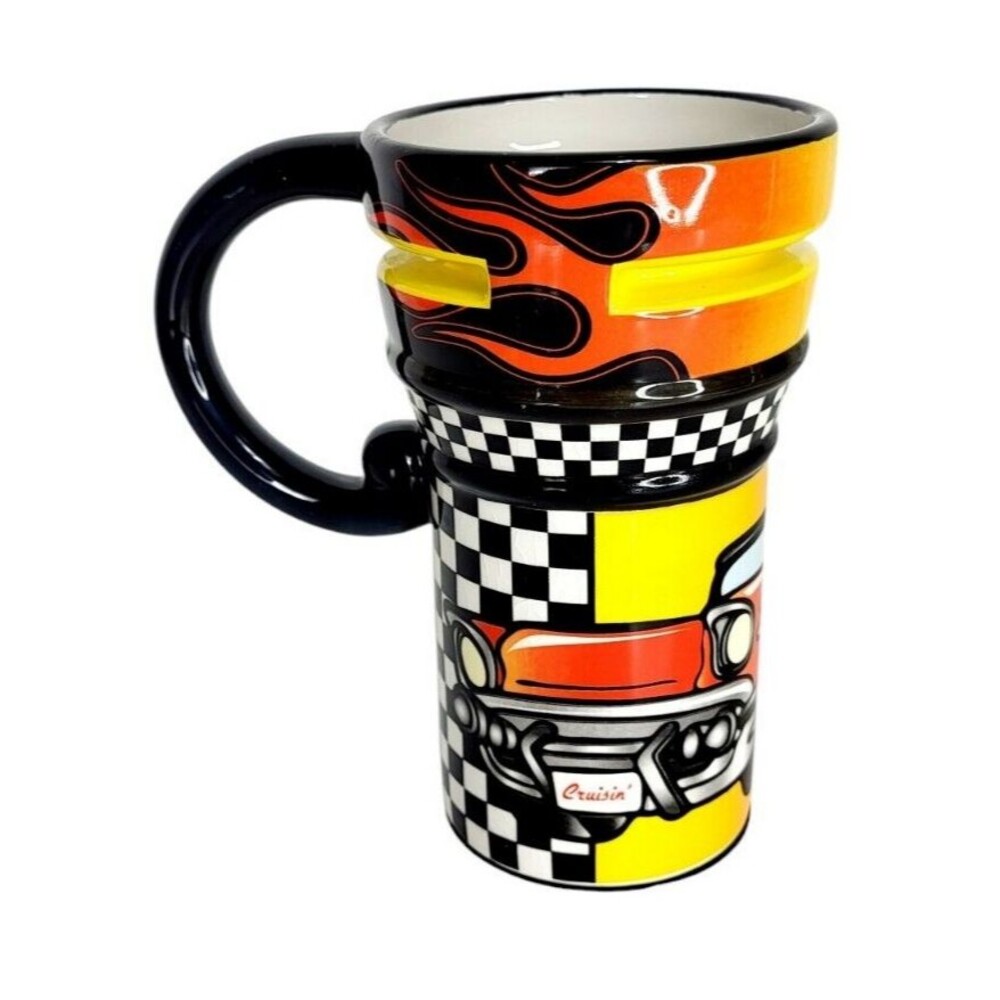 Vintage Ceramic Cruisin' Flames Checker Speedway Hot Rod Tall Coffee Mug